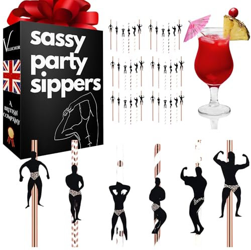 36 Pack Hen Party Naughty Paper Straws - Hen Do/Bachelorette Party Decorations with 6 Fun Dancer Poses, 20cm Rose Gold Straws for Bridal Shower, Girls Night Out, Safe Biodegradable Drink Accessories