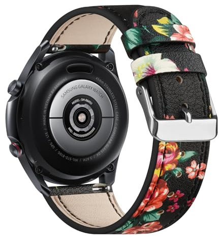 Cuir Bracelet Compatible avec Huawei Watch GT2 46mm/GT 2 Pro 46mm/GT3 46mm/GT 2e 46mm/GT3 Pro Homme Femme, 22mm Bracelet de Remplacement pour Huawei Watch GT2 Classic (Fleur Noire Rouge)