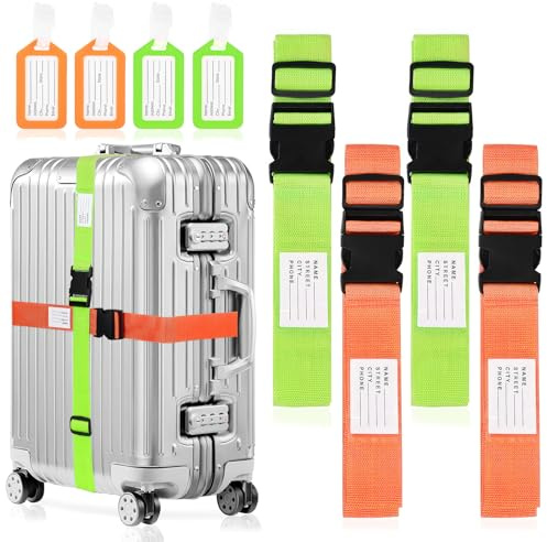 4-pack Koffertöringar, Koffertband Töring, Justerbara Koffertband, Koffert Gürtar Kryssgurt Koffert Tillbehör, Koffertöringar med 4 Gepäckmärken för Koffertåg Resor, för Gepäck Resväska Koffertöringar