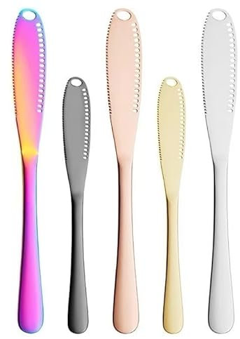 5 butter knives, stainless steel jam applicator for cutting butter cheese chocolate jam and cream, butter knives have jagged edges and scraped holes for easy spreading