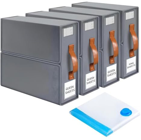 VILLAVER 4 Pack Bed Sheet Organiser with Leather Handle - Wardrobe Storage Boxes with PVC Window and Label - Storage boxes with lids fabric & Zip - Under Bed Storage Organiser with Free VACCUM BAGS