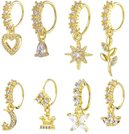 8 Stück Nasenring Ring Septum Piercing 20G Nasenpiercing Ring Stecker Für Damen Nasenpiercing Gold Chirurgenstahl Nasenring Nase Schraube mit Zirkonia Herz Star Blume Schmuck für Frauen und Männer