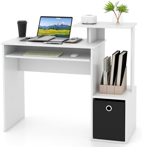 LIFEZEAL Bureau d’Ordinateur avec Rangement, Table PC avec Plateau de Clavier Extractible, Etagère Ouverte, Tiroir en Tissu, Table d'étude Blanc Moderne, Poste de Travail 100x40x87cm