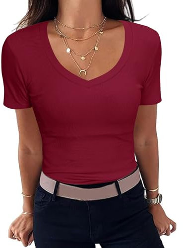 Aottori Red Short Sleeve T Shirt for Women UK Summer Basic Tops Ladies V Neck Ribbed Fitted Tee Shirts Solid Casual Tunic Pullover Top Red XL