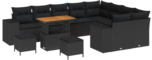vidaXL Garten-Sofa-Set 12 pcs Schwarz Poly-Rattan, Garten und Terrasse, modernes, Robustes Outdoor-Sofa-Set, Entspannungsset für Lounge und Garten