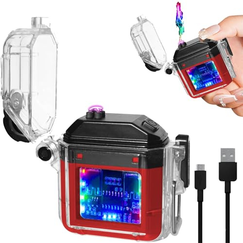 Electric Lighter Rechargeable Lighters Waterproof Windproof Flameless Fire Lighter Cigarette lighter with Battery Indicator and USB C Rechargeable for Outdoor Hiking Survival Equipment (Red)