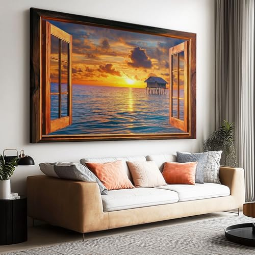 Quadro su tela 3D con vista finestra sul mare e tramonto, immagine panoramica XXL - Opera d'arte per casa, soggiorno, decorazione murale, stampa artistica 140 x 70 cm