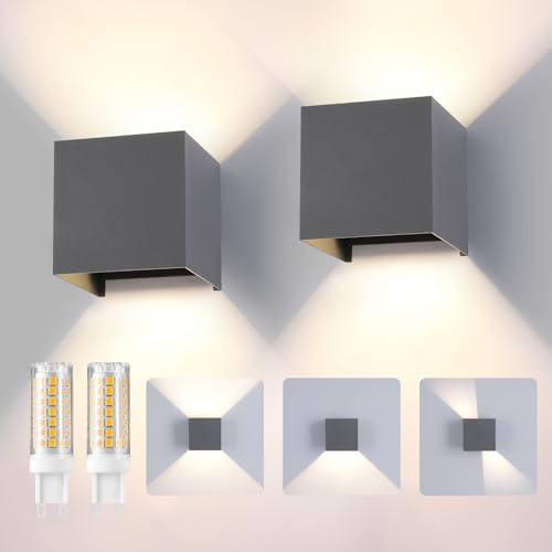YCZM LED Wandleuchte Aussen/Innen, 2er Set Wandlampe Aussen mit Austauschbarer G9 Wasserdicht IP65 Außenleuchte,4000K Aluminium Außenlampe Einstellbar Abstrahlwinkel,Up Down Wandbeleuchtung Dunkelgrau