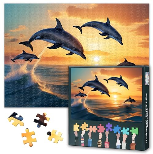1000-Teile Puzzle für Erwachsene - Springende Delfine bei Sonnenuntergang, 50x70 cm Meerestier Motiv, Premium Puzzle für Wanddekoration & Entspannung