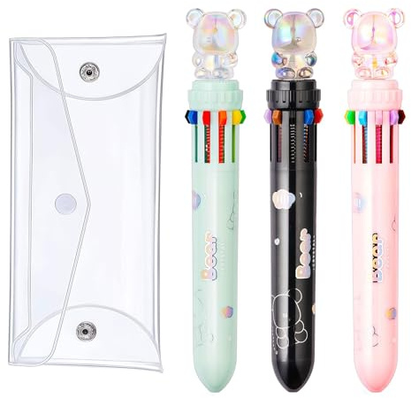 Ruispeed 3er-Pack 10-in-1 Multicolor-Kugelschreiber – 0,7 mm, bunte Schreibfarben, niedlicher Kristall-Bärchen-Spitze, transparenter Schaft, ideal für Schüler, Büro und als Geschenk für Kinder