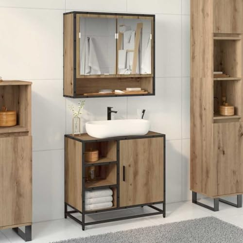 Teenpull Juego de muebles de baño de madera de roble Artisan, 2 piezas con armario con espejo, mueble de lavabo flotante, para baño moderno