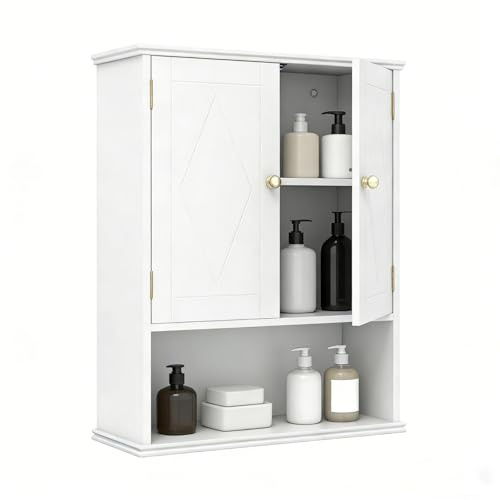 LIFEZEAL Mueble de baño para ahorrar espacio, de pared, blanco, armario suspendido, armario con estante ajustable, compartimento abierto, mueble moderno, para cocina, lavandería, de madera, 60 x 21 x