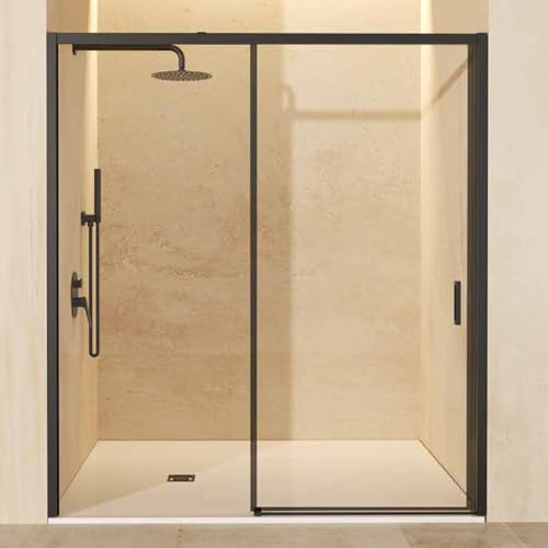 Mampara Ducha Frontal 1 Fijo + 1 Puerta Corredera | Vidrio Templado 6mm Antical | Altura 195cm | Perfil Negro Mate 150cm (adap. 146,1-151)