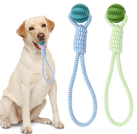 2-Pack 2-in-1 Dog Ball On Rope,Ball On A Rope For Dogswith Ball on Rope, Durable Dog Rope Toys for Tug of War, Tough Dog Toys for Indoor Play and Outdoor Fetch Training, Rubber Ball and Cotton Rope
