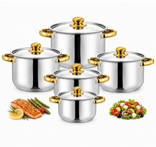 Set de Ollas Acero Inoxidable 10 Piezas, Tapas Acero, Todo Tipo Cocinas | 5 tamaños de 18-26 cm, tapas de acero irrompibles, aptas para inducción, pulido brillante apilables, aptas para lavavajillas