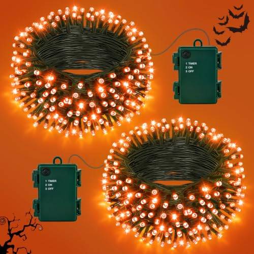 Joolivo 2 Stück Halloween Lichterkette Outdoor Insgesamt 12M 120LED Orange | Outdoor Lichterkette Batterie mit Timer IP65 Wasserdicht Lichterketten für Innen Außen Party Halloween Deko