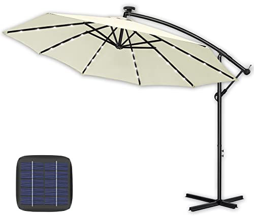 Froadp Höhenverstellbar Ampelschirme mit Kurbel Alu Sonnenschirme UV40+ Sonnenschutz Balkonschirm Windfest Gartenschrime Wasserdichte Marktschirm für Patio Terrase (Ø350cm mit LED, Beige)