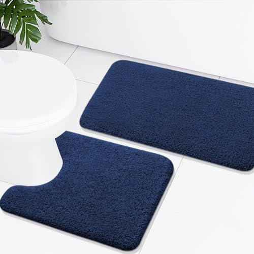 Homaxy Badezimmerteppich Set 2 teilig WC Vorleger mit Ausschnitt Set Badematte rutschfest Waschbar Hochflor Badteppich Mikrofaser Badvorleger Set – 50 x 60 cm + 51 x 76 cm, Marine Blau