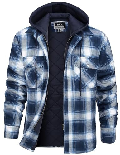 KEFITEVD Chemise Décontractée Flanelle Carreaux Manches Longues pour Homme Sweat Chaud Capuche Chemise Coton avec Poches,Bleu Blanc,S