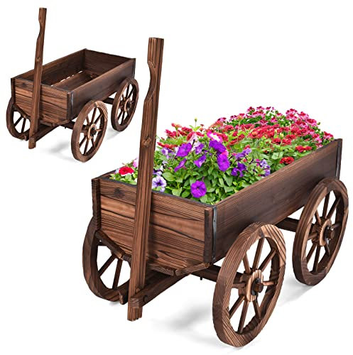 RELAX4LIFE Fioriera da Esterno a Forma di Carrello, Carriola Porta Fiori in Legno, Decorazione Vintage per Giardino, Aiuola da Interno ed Esterno (Modello 1)