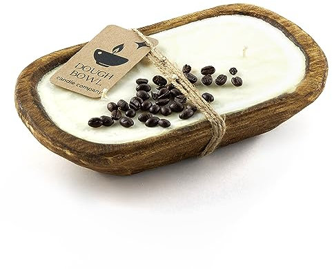 Dough Bowl Candle Co. Vanilla Latte Soy Candle - 3 Wick Rustic Farmhouse Decor Odor Eliminator in Wooden Bowls, 20 Oz Wooden Dough Bowl Candle, All-Natural Gifts for Women or Men, Coffee Table Decor