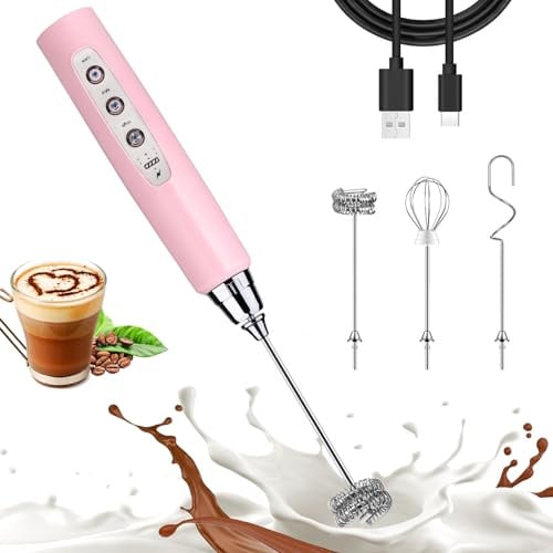Montalatte portatile per caffè, frusta elettrica ricaricabile con 3 teste a 3 velocità mixer schiuma creatore per latte, cappuccino, cioccolata calda, uovo - rosa