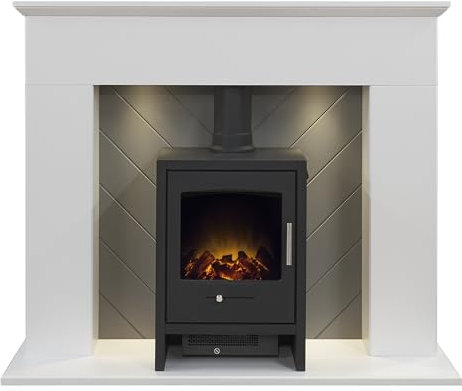 Adam Corinth Stove Fireplace in Pure White& Grey with Downlights & Bergen Electric Stove in Charcoal Grey, 48 Inch