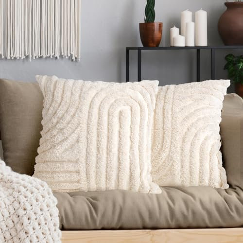 AELS Boho dekorativer strukturierter Kissenbezug, 45.7x45.7 cm, 2 Stück, moderner Absract Mid Century Regenbogen getuftet Kissenbezug, Bauernhaus, rustikal, Sofa, cremeweiß