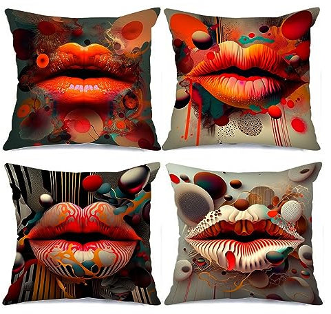 Tucocoo Kissenbezüge mit abstrakten Lippen, 45 x 45 cm, Set mit 4 Stück, geometrisch, nordischer Stil, dekorative Kissenbezüge, Mundnahaufnahme, Moderne Modedekoration für Couch, Bett, Terrasse,