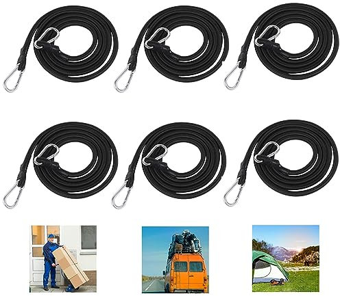 Bungee Cords with Carabiner Clips, 6 Pack Bungees With Hooks,1 m Long Heavy Duty Carabiner Bungee Cord for Camping Tarps Bike Rack Tent Car Roof Rack Black