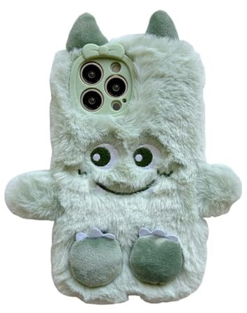 Pelzige Handyhülle für iPhone 15 Pro Max Hülle, Kawaii Cartoon Monster Flauschige Plüsch Hülle für Teenager Paar, Weich TPU Warme Plüsch Schutzhülle Stoßfest Kompatibel mit Green iPhone 15 Pro Max