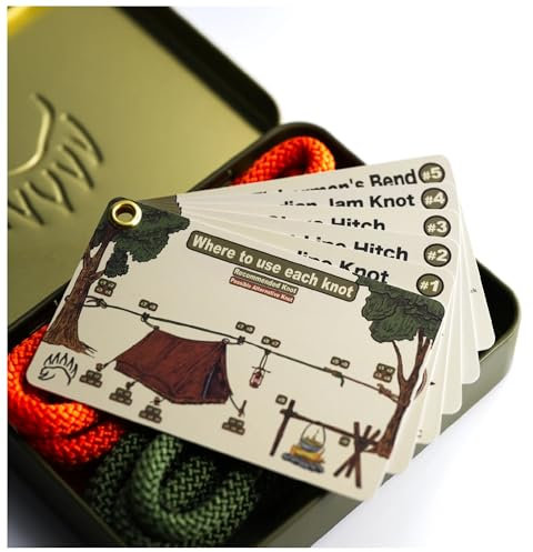 The Bear Essentials Knoten-Binde-Set für draußen, inklusive wasserdichten Knotenbindungskarten, 2 Übungsseilen, Bushcraft-Dose, Jutesack, für Outdoor-Überleben, Rucksackreisen, Wandern und Pfadfinder,