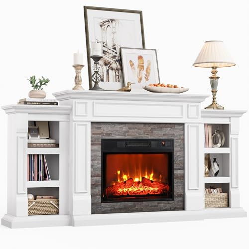 70 Electric Fireplace with Fireplace, TV Stand for Up to 80 TV, Modern Entertainment Center with Storage, Realistic Stacked Stone Surround with Control