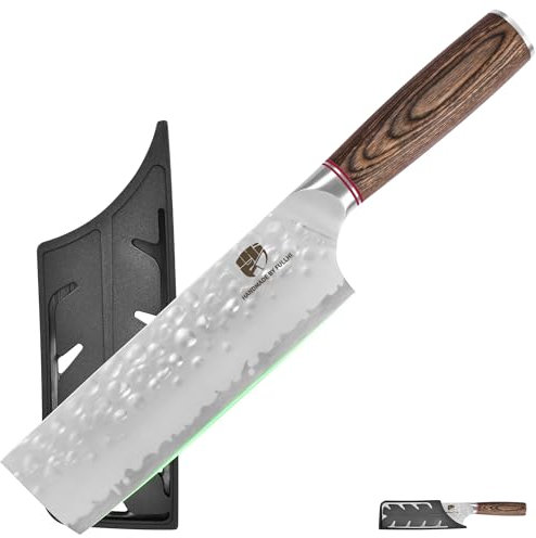 FULLHI Couteau de cuisine à lame martelée avec garde, couteaux de chef anti-adhésifs, couteau japonais à manche en bois Pakka, couteaux de cuisine en acier inoxydable avec étui (164mm)