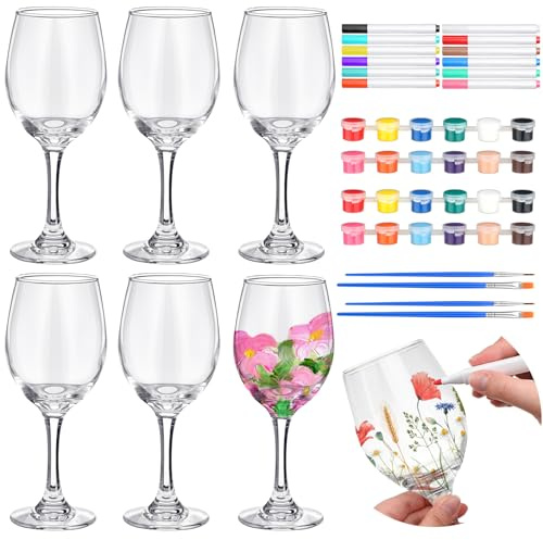 Pickmesh 6 Sets Paint Your Own Wine Glass Crafts Glass Painting Gift 12 Pcs DIY Markers 12 Colors Acrylic Paint with Brushes to Design Your Own Personalized Craft(High Feet)