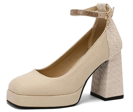 Rock88 Élégantes Escarpins Femmes,Escarpins avec Bride à la Cheville,Talons Hauts à Bout Carré pour Fête de Mariage et Festival de Musique,Apricot,46