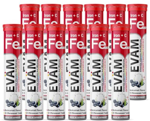 EVÄM Eisen + Vitamin C Brausetabletten 82g I Geschmack Schwarze Johannisbeere I 12x20 Stück I Nahrungsergänzungsmittel mit Vitaminen für täglichen Vitaminbedarf I Vegan I Made in Germany