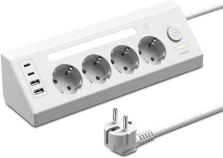 Hörngrenuttag 4-vägs flera uttag med Strömbrytare, Bordsuttag med 2USB C och 2 USB A, Grenuttag med överspänningsskydd, hörnuttag med LED-ljus för Kök och Skrivbord, 1.8M Kabel, Vit
