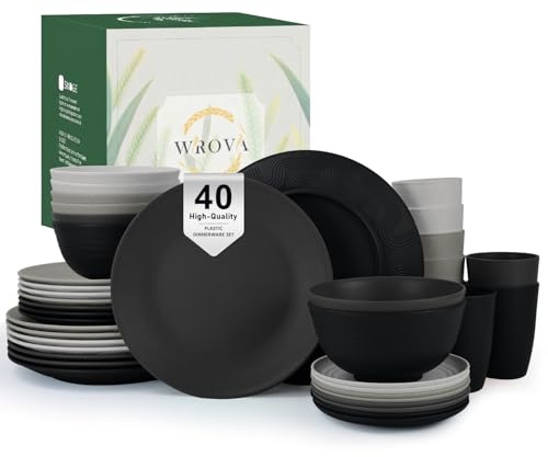 Wrova Reusable Plastic Plates and Bowls Set 40 PCS Dinner Sets for 8 People Unbreakable Plastic Dish Set Microwave and Dishwasher Safe Dinner Plate Set for Indoor & Outdoor Dishes - Grey Stone