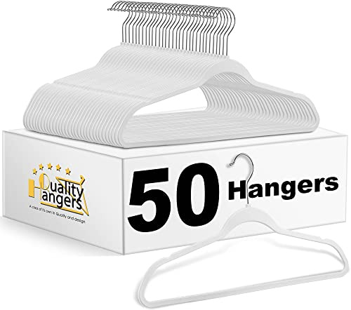 Quality Suit Hangers 50-Pack, Non-Velvet Plastic Hangers for Clothes Ultra Thin Space Saving 360 Degree Swivel Hook Strong Clothes Hangers Hold Up-To 10 Lbs, for Coats, Jackets, Pants (White, 50)