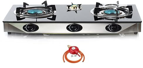 NJ NGB-S3 Indoor Gas Stove 3 burners Cooker Black Glass Hob LPG 7.8kW Regulator Set (Propane 37mbar Screw-on)