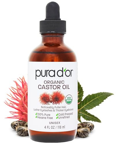 PURA D'OR Rizinusöl (118 ml) 100% reines natürliches Öl für Haarwachstum, Augenbrauen, Wimpern, kaltgepresstes Hexanöl zur Feuchtigkeitspflege und Heilung trockener Haut – inkl. Bonus Bürsten-Set