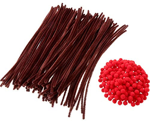 Sumind 200 Stück Rot Pom Poms Flauschige Pompons und 100 Stück Braun Pfeifenreiniger Chenille Vorbauten für Weihnachten Handwerk DIY Herstellung