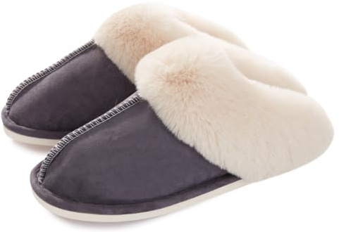 Women Men Slipper Memory Foam Fluffy Slip-on House Suede Fur Lined/Anti-Skid Sole Indoor & Outdoor - Dark Gray 05 - 7/8 UK - 290(44-45)