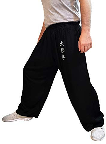 Pantalones de Tai Chi Taza Amplia Hombre y Mujer y Niño Pantalones de Yoga Qigong Abierto a los Tobillos (Negro, Tamano S)