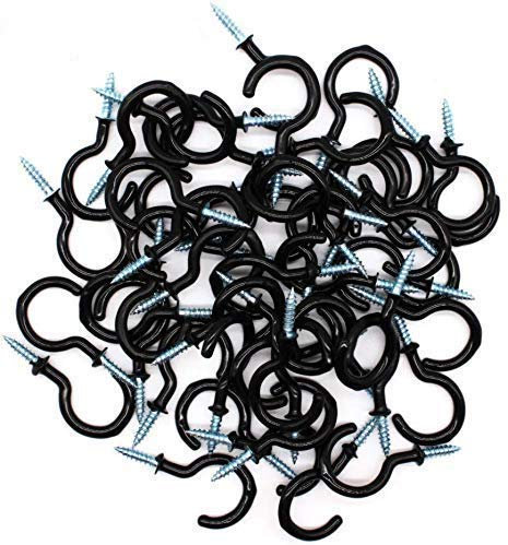 Sricam 100 Pack Cup Hooks, Vinyl Coated Screw-Plant Hooks, Great for Indoor, Christmas Light & Outdoor Use (1-1/4 inch, Black)