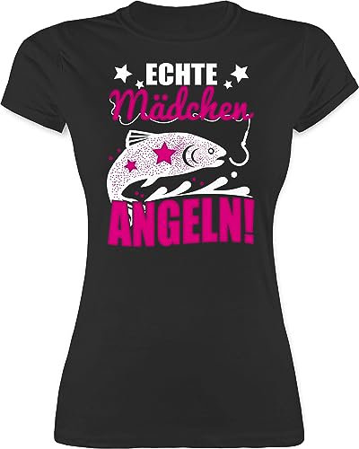 Shirt Damen - Hobby Outfit - Echte Mädchen Angeln Fisch - XL - Schwarz - angelshirts angelbekleidung Angel Funshirts für Frauen Tshirt Frau Fischerei Tshirts fischen t-Shirt Fishing tailliert
