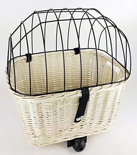 Tigana - Hundefahrradkorb für Gepäckträger aus Weide mit Gitter 44 x 34 cm Eckig Weiß (W-S) (mit Kissen)
