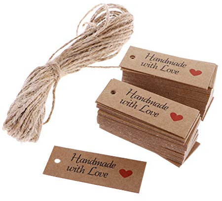 Mini-Geschenkanhänger, 5 cm x 2 cm, handgefertigt mit Liebe, aus Kraftpapier, rustikales Hochzeitsgeschenk, Etikett mit 5,5 m Jute-Schnur, 100 Stück