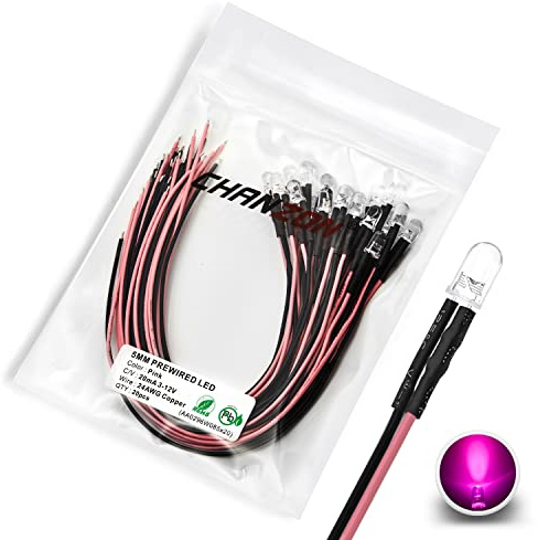 [UL-Kabel] Chanzon 20 Stück vorverdrahtete 5mm rosa LED-Diodenlichter (klare runde transparente Linse DC 12V) mit 560 Ohm 1/4W Widerstand und 24awg Drahtanzeige Leuchtdioden Glühbirne 5mm LED